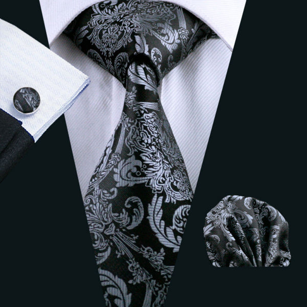 Mens Tie Black Paisley 100% Silk Classic Barry.Wang Tie Hanky Cufflinks Set For Men Formal Wedding Party Groom Hot Sell